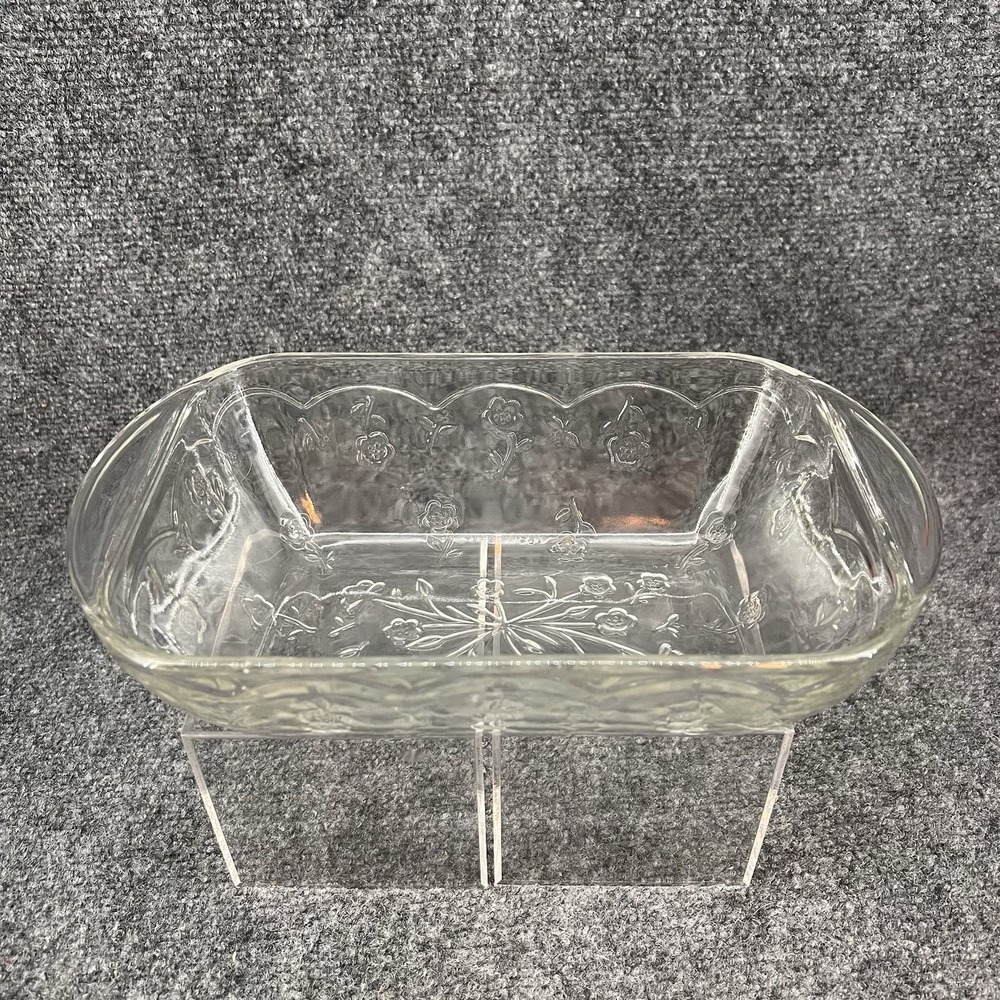 Vintage Anchor Hocking Savannah Clear Glass Floral Loaf Pan Dish 11 x 6.5 x 3